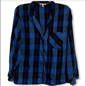 Victoria's Secret Pajama Top Plaid Blue Black